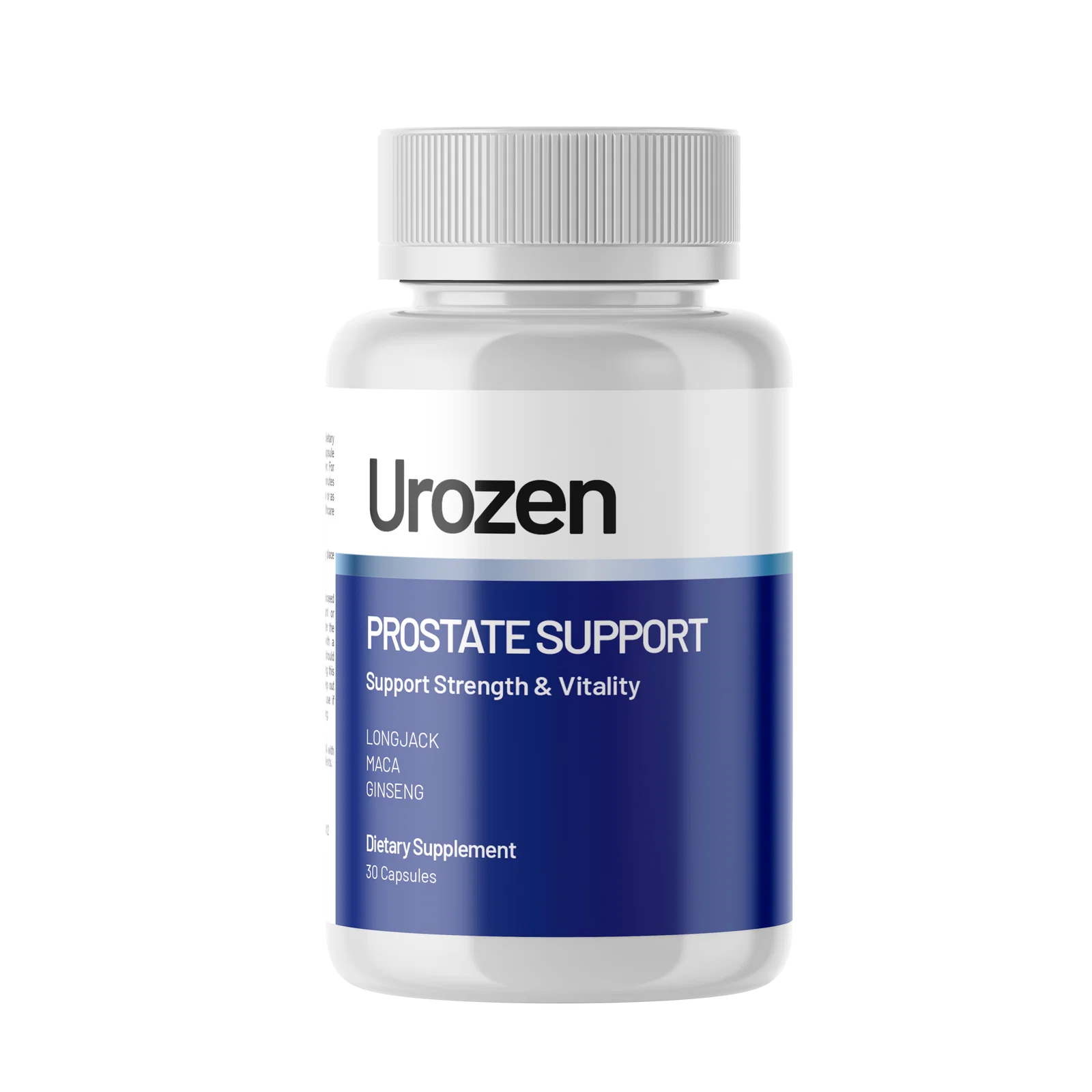 Urozen Prostate Support bottle, 30 capsules, featuring longjack, maca and ginseng