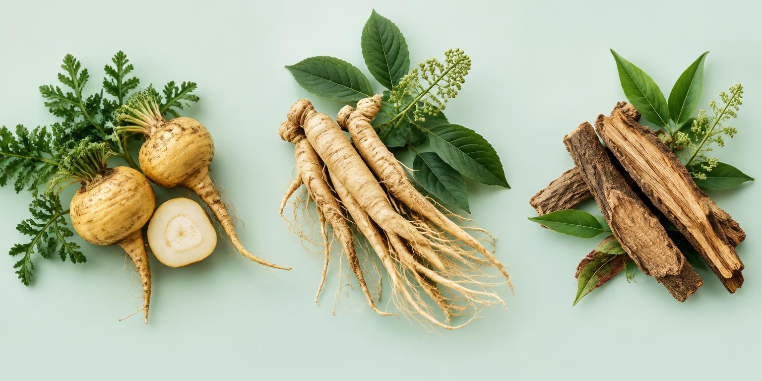 Botanical-inspired arrangement of roots, green leaves and bark